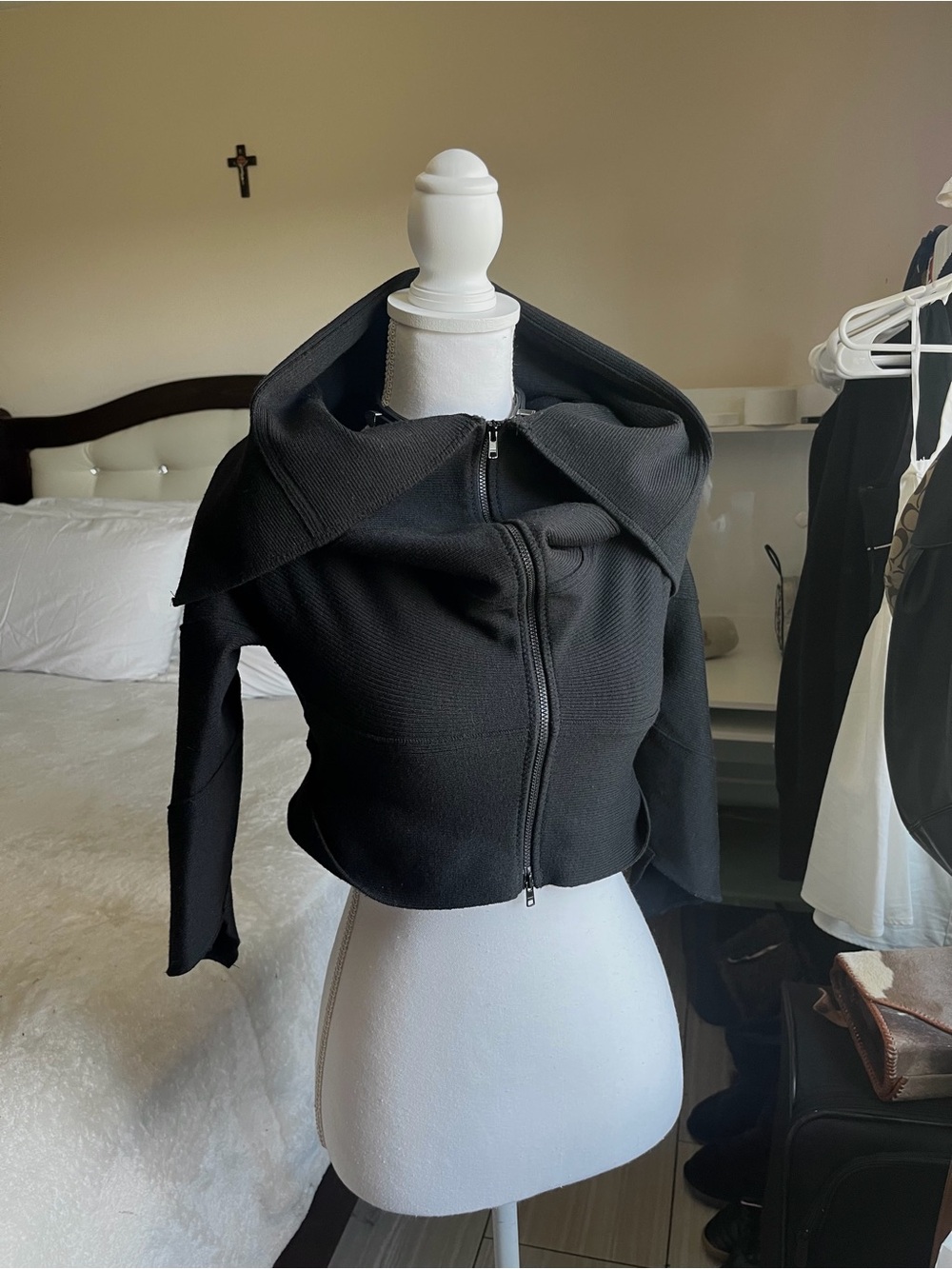 Comme des Garcons x Junya Watanabe Black Cropped Wool Zip-Up Crowl Neck Sweater